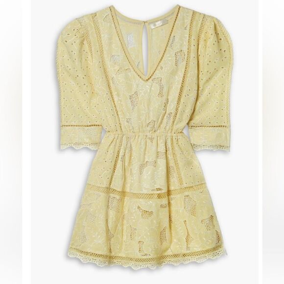 LoveShackFancy Jobelle Crochet-Trimmed Broderie Anglaise Mini Dress in Yellow - Picture 3 of 10